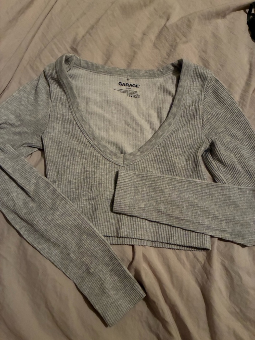 Garage Light Grey Ribbed V-Neck Long Sleeve Crop Top